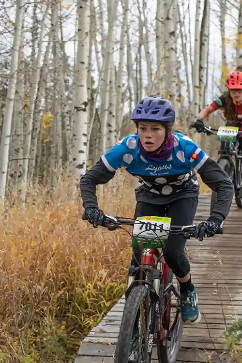 Lyons rider descending the bridges at Granby Ranch